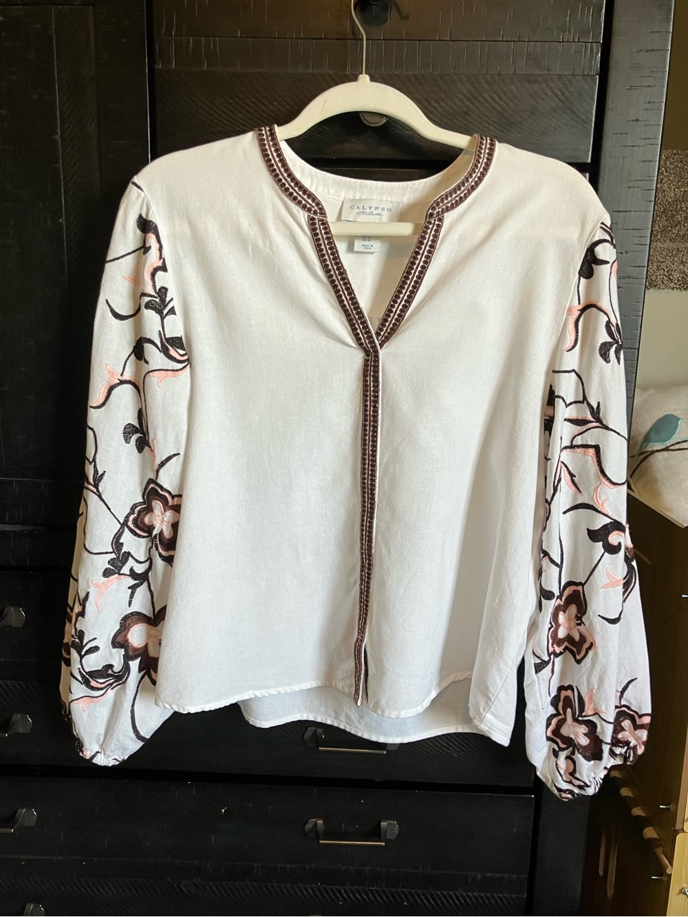 Calypso St. Barth Cotton Linen Embroidered Sleeve Blouse M